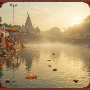 A serene riverside scene at dawn showcasing the sacred Shivnath River flowing through Parli Vaijnath, with the ancient Vaidyanath Temple's spire visible in the background. The river's crystal-clear waters reflect golden sunlight, creating a ethereal glow. Traditional Indian devotees in saffron and white clothing perform morning rituals at the ghats, with brass water pots and diyas. Intricate Madhubani-style border patterns frame the scene, featuring sacred symbols like tridents, lotus flowers, and conch shells in deep maroon and peacock blue. Delicate morning mist hovers over the water surface, with floating marigold flowers and oil lamps creating golden points of light. The atmosphere is mystical with soft rays of sunlight breaking through clouds, illuminating the sacred waters. The architectural details of the temple should be historically accurate, with traditional Hemadpanthi architecture style. The scene combines photorealistic water effects with stylized Indian art elements, maintaining a modern digital art aesthetic while preserving spiritual authenticity. Natural elements like banyan trees and stone steps leading to the water add depth and cultural context.