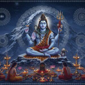 A majestic Lord Shiva in deep meditation, seated in Padmasana on a snow-capped Kailash mountain peak, his four arms holding trishul, damaru, rudraksha mala, and abhaya mudra. His form radiates a ethereal blue aura, with the crescent moon in his matted locks glowing softly. The third eye prominent on his forehead. Sacred river Ganga flows from his hair. A magnificent cobra coiled around his neck. In the foreground, devotees perform elaborate puja with traditional brass lamps, fresh flowers, and bilva leaves. Multiple rings of intricate mandalas float in the background, creating a mystical atmosphere. Soft moonlight bathes the scene, creating dramatic shadows. Traditional Indian artistic elements like detailed peacock motifs and lotus patterns frame the composition. The color palette includes deep blues, silver, gold, and pristine white, with hints of saffron. The scene is rendered in a blend of hyperrealistic digital art with traditional Madhubani patterns. Small floating diyas and incense smoke add to the spiritual ambiance. Style: modern digital art with traditional Indian art elements, photorealistic, cinematic lighting, detailed ornamentation.