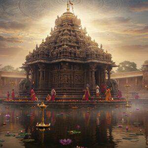 An ancient stone temple with intricate Dravidian architecture rising majestically against a dawn sky, its golden spire gleaming in sunlight. The temple features detailed stone carvings of Hindu deities and mythological scenes in traditional Maharashtrian temple style. In the foreground, a serene water tank reflects the temple's image, surrounded by blooming lotus flowers. Devotees in traditional Indian attire perform morning rituals with brass lamps and flower offerings. The scene is enhanced with floating diyas on water, creating golden reflections. Soft morning mist adds an ethereal quality, with rays of sunlight filtering through, creating a divine atmosphere. The color palette includes deep maroons, rich golds, and peaceful blues. The style combines hyperrealistic architectural details with ethereal lighting and traditional Indian art elements, featuring intricate mandala patterns in the sky. The composition includes detailed stone elephants at the temple entrance and traditional brass temple bells in the foreground. The atmosphere suggests deep spirituality and timeless tradition with a modern aesthetic appeal.