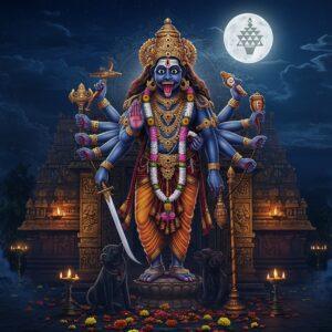 A majestic night scene of Lord Kala Bhairava in his fierce form, standing 8 feet tall with eight hands against a deep indigo sky illuminated by a full moon. He holds a damaru (drum) in his upper right hand, trishul (trident) in upper left, sword in second right, noose in second left, shield in third right, skull cup in third left, and his lower hands in abhaya and varada mudras. His face shows divine intensity with three eyes, adorned with a serpent crown and crescent moon. His neck has a garland of skulls, and his vahana, the black dog, sits alertly at his feet. The temple architecture behind him features intricate Dravidian-style golden carved details illuminated by traditional oil lamps. Mystical blue flames and smoke swirl around the scene, with scattered vermillion and yellow marigold flowers. The artwork combines traditional Thanjavur painting style with modern digital art techniques, emphasizing metallic gold accents and deep, rich colors. A subtle mandala pattern forms in the background sky, with sacred yantra geometric patterns partially visible in the temple's design. The lighting creates a dramatic chiaroscuro effect, highlighting the divine presence with an ethereal glow.