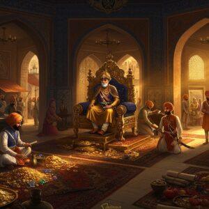 A majestic panoramic scene of the Lahore Durbar during the Sikh Empire, featuring Maharaja Ranjit Singh seated on an ornate golden throne, wearing his distinctive royal attire with the Koh-i-Noor diamond prominently displayed. The scene is rendered in rich, deep colors - royal blue, saffron, and gold. The durbar hall showcases intricate Punjabi architecture with detailed Persian-style motifs and patterns. In the foreground, merchants trade gold coins and precious gems on silk carpets, while administrative officials in traditional attire review scrolls and documents. The background shows glimpses of bustling marketplaces through grand archways, with traders dealing in textiles, weapons, and agricultural produce. The lighting is dramatic, with warm golden rays filtering through ornate jharokhas, creating a rich interplay of light and shadow. The scene combines traditional Sikh artistic elements with modern digital art techniques, featuring detailed textures and a cinematic composition. Multiple levels of activities are visible, symbolizing the complex administrative structure, with soldiers, scribes, and courtiers engaged in various tasks. The atmosphere suggests prosperity and organized governance, with symbols of military might like Sikh weapons and armor displayed alongside agricultural tools and trading goods.