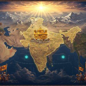 An ethereal, grand aerial view of the Sikh Empire territory map with golden light illuminating its boundaries, stretching from the snow-capped Himalayas to the deserts of Afghanistan. The map is rendered in a combination of traditional Phad art style and modern digital aesthetics, showing major cities as glowing points of light. The iconic Harmandir Sahib (Golden Temple) rises from the center, depicted in intricate gold filigree work. Surrounding the map are symbolic elements: the Khanda emblem radiating light, crossed kirpans with jeweled handles, majestic Nishan Sahib flags flowing in the wind, and charging horses representing the mighty Sikh cavalry. The borders feature intricate Punjab-style patterns in deep saffron and navy blue. Ethereal clouds part to reveal rays of divine light, while battle scenes from significant victories are subtly depicted in the corners using minimalist golden line art. The overall composition has a mystical, three-dimensional quality with varying levels of depth, enhanced by soft glowing orbs and wisps of spiritual energy in turquoise and gold.