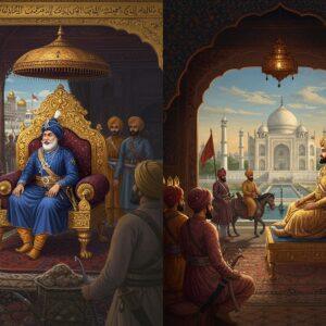 A majestic split-screen composition showing two contrasting royal courts: On the left, Maharaja Ranjit Singh seated on an ornate golden throne in his Lahore Darbar, wearing his signature blue attire and the Koh-i-Noor diamond, surrounded by Sikh warriors in traditional gear with their distinctive turbans and curved swords. On the right, a Mughal Emperor in elaborate royal attire seated in the Diwan-i-Khas. The divide between the scenes features intricate Punjabi and Mughal architectural elements merging together. The Sikh side shows the Harmandir Sahib's golden domes in the background, while the other side displays the Taj Mahal's silhouette. Sikh cavalry with their distinctive blue uniforms and spears parallel the Mughal cavalry with their curved scimitars. The scene is rendered in rich colors - deep blues, royal golds, and burgundy reds, with intricate patterns inspired by both Sikh and Mughal art. Atmospheric lighting creates a dramatic mood, with soft golden rays filtering through ornate jharokhas. The style combines hyperrealistic details with classical Indian miniature painting techniques, creating a seamless blend of historical accuracy and artistic flair. The composition suggests power, grandeur, and the meeting of different imperial traditions.