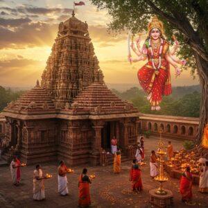 A majestic aerial view of the ornate Sirsi Marikamba Temple during sunset, with its distinctive red and white striped walls and traditional Malnad architecture illuminated by warm golden light. The temple's pyramidal shikhara towers above, adorned with intricate South Indian temple architectural details in gold and terracotta. In the foreground, devotees in traditional Karnataka attire perform ritualistic dance with lit oil lamps. The sacred banyan tree near the temple is decorated with red and yellow cloth, its aerial roots creating mystical patterns. Goddess Marikamba's divine form appears as a ethereal, translucent manifestation above the temple - an eight-armed deity wearing a red silk saree with gold border, holding traditional weapons including trishul, sword, and damaru, with a serene yet powerful expression. The scene is surrounded by lush Western Ghats vegetation in deep greens, with floating marigold and jasmine flowers. The lighting creates a mystical atmosphere with streams of crepuscular rays breaking through clouds, highlighting the temple's grandeur. Art style combines hyperrealistic architectural details with ethereal, spiritually-inspired elements, using a color palette of deep reds, golds, and earth tones characteristic of Karnataka temple art.