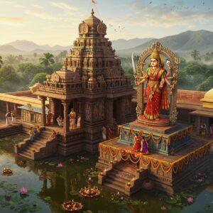 A majestic aerial view of the ornate Sirsi Marikamba Temple complex with its distinctive pyramidal shikhara in traditional Dravidian architecture style, illuminated by golden morning sunlight. The main temple structure features intricate Madhubani-style patterns in deep maroon and saffron colors. The eight-armed goddess Marikamba stands tall in the center, wearing a rich red silk saree with gold border, adorned with traditional temple jewelry, holding her signature weapons - sword, trident, damaru, and shield. The surrounding temple courtyard showcases detailed Pattachitra-style murals depicting sacred stories, with blooming yellow marigold garlands and red hibiscus flowers decorating the entrance. Devotees in traditional Karnataka attire are seen performing pradakshina around the temple. The foreground features a serene lotus pond reflecting the temple's grandeur, while the background reveals the lush green Western Ghats mountains. The scene is enhanced with soft glowing diyas, floating flower petals, and ethereal mist, creating a harmonious blend of spiritual atmosphere and architectural magnificence. The color palette combines deep traditional colors with modern digital rendering techniques.