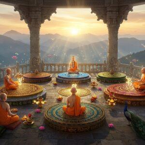 A serene mountain temple courtyard at sunrise with six distinct, interconnected circular mandala platforms floating in the air, each representing a school of philosophy. Each mandala has unique sacred geometry patterns in gold and deep colors - maroon for Samkhya showing duality of Purusha-Prakriti, ocean blue for Yoga with a meditating yogi in lotus position, emerald green for Nyaya with symbolic logic gates, copper-gold for Vaisheshika with atomic particles, saffron for Purva Mimamsa with vedic fire ritual elements, and pure white for Uttara Mimamsa with the cosmic Om symbol. Ancient stone pillars with intricate Madhubani-style carvings frame the scene. Ethereal light streams through morning mist, creating golden rays. Six Indian sages in traditional attire sit in meditation near their respective mandalas, surrounded by floating lotus flowers and glowing spiritual symbols. The scene combines photorealistic rendering with surreal elements, mystical lighting effects, and rich cultural motifs. Soft particles of light dance around the mantras, while peacocks with elaborate feathers watch from ornate railings. Himalayan peaks visible in the misty background. Style: modern digital art with traditional Indian artistic elements.