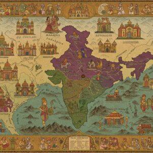 An intricate map of ancient India rendered in traditional Madhubani style, featuring 16 distinct kingdoms represented by their unique symbols and capitals. The map has rich gold borders with detailed paisley patterns. Each Janapada is depicted in different jewel tones - deep sapphire, royal purple, emerald green, and burnished gold. Symbolic elements float above each kingdom: Magadha shows palace spires and war elephants, Vajji displays assembly halls and republican symbols, Avanti features trading caravans. The background features subtle sacred geometry patterns and mandala motifs in warm copper tones. Ancient Indian warriors, kings, and citizens in period-accurate clothing are illustrated in miniature around the borders. Artistic elements include flowing rivers in silver, mountain ranges in deep brown, and trade routes marked in golden threads. The scene is illuminated by a mystical light that emphasizes the metallic elements and creates depth. The artwork combines historical accuracy with a modern digital aesthetic, featuring subtle gradient overlays and ethereal lighting effects.