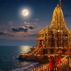 A majestic night view of the ornate Somnath Temple illuminated in warm golden light, its towering shikhara reaching towards a star-filled sky with a brilliant full moon. The temple's detailed architecture features intricate Chalukya-style carvings and sculptures, with the main spire reflected in the serene Arabian Sea waters below. In the foreground, devotees in traditional Indian attire walk along the temple courtyard, carrying brass diyas that create a trail of glowing lights. The scene is enhanced with ethereal elements like floating lotus petals and subtle mandala patterns in the sky. The color palette combines deep blues of the night sky, warm golden temple lights, and touches of saffron and silver. Multiple oil lamps illuminate the temple steps, creating a mystical atmosphere. The waves of the Arabian Sea gently crash against the temple base, with Lord Shiva's trishul symbol prominently featured at the temple entrance. The art style merges photorealistic architectural details with spiritual, otherworldly elements, rendered in high-detail digital art with dramatic lighting and atmospheric effects.