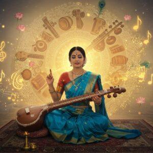 A ethereal scene depicting an Indian classical music performance at dawn, featuring a serene female vocalist in a flowing peacock blue silk saree with gold border, seated cross-legged on an ornate traditional carpet. Her hands gracefully express mudras while singing. Around her float mystical manifestations of musical notes in the form of luminous golden swirls and traditional Indian motifs. A beautifully carved wooden tanpura rests beside her, its strings emanating visible sound waves in deep saffron hues. In the background, a large mandala pattern composed of traditional Indian musical instruments - sitars, tablas, flutes, and veenas - creates a circular halo effect. Soft morning light filters through, creating an otherworldly glow. The scene is rendered in a fusion of Madhubani art style with modern digital techniques, featuring intricate patterns and rich colors. Floating lotus flowers in pastel pink and white add to the spiritual atmosphere, with peacock feather motifs subtly woven into the background. The lighting is warm and golden, with hints of purple and turquoise in the aura, suggesting the divine connection of Indian classical music.