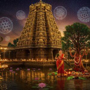 A grand, ornate South Indian temple gopuram rising majestically against a cosmic backdrop, its layers adorned with intricate Dravidian sculptures in gold and deep bronze tones. The foreground features a serene temple pond with floating lotus flowers, where the water reflects ethereal golden light. A traditional Tamil woman in a crimson silk saree with gold border performs 'pradakshina' (circumambulation) around a sacred peepul tree decorated with marigold garlands and oil lamps. Multiple translucent mandalas float in the air, featuring Kolam patterns and sacred geometry in glowing white lines. The scene is illuminated by hundreds of brass oil lamps creating a warm, divine atmosphere. Mystical elements include peacock feathers, banana leaves, and coconuts arranged in ritual formation. The art style combines hyperrealistic architectural details with ethereal lighting effects, incorporating both Tanjore painting techniques and modern digital art aesthetics. The color palette focuses on deep maroons, temple gold, copper tones, and sacred yellow, with hints of peacock blue in the cosmic background.