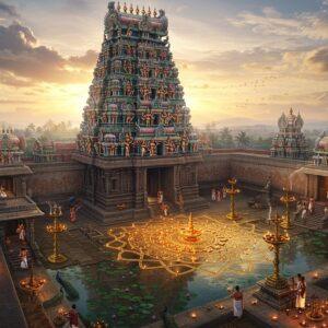 A majestic aerial view of an intricately carved South Indian temple gopuram rising into a mystical dawn sky, with golden rays filtering through clouds. The gopuram features detailed Dravidian architecture with hundreds of colorful sculptures of deities, celestial beings, and mythological scenes in traditional positions. The temple courtyard below shows a massive golden lotus-shaped mandala pattern filled with oil lamps. Multiple smaller shrines surround the main temple, connected by elaborate stone corridors with carved pillars. A sacred temple pond reflects the entire scene, with floating lotus flowers and subtle ripples. The foreground features traditionally dressed devotees performing pradakshina (circumambulation) with brass lamps. The scene is enhanced with ethereal elements - subtle wisps of incense smoke, peacocks near the temple steps, and banana leaf decorations. The color palette combines deep temple stone greys with warm golds, rich magentas, and peaceful blues. The art style merges hyperrealistic architectural details with Pattachitra-inspired decorative elements, creating a surreal yet authentic atmosphere. Soft divine light illuminates the entire scene with a spiritual glow.