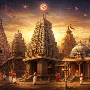 A majestic panoramic view of four ancient South Indian temples merging into one ethereal composition, with the towering Gopurams of each temple adorned in intricate Dravidian architecture, gold-plated vimanas gleaming in divine light. The Rameswaram temple's longest corridor with 1000 pillars stretches from the left, leading to Dhanushkodi's mystical waters. In the center, the Dwarka Mutt's sacred spires rise against a cosmic sky filled with glowing mandalas. The Badrinath temple's colorful facade blends into the Sringeri temple's peaceful courtyard with sacred lotus pond. Devotees in traditional South Indian attire perform rituals with brass lamps. The scene is illuminated by warm golden hour light, with floating flower petals and sacred smoke creating a mystical atmosphere. The art style combines hyperrealistic architectural details with ethereal lighting and traditional Indian Pattachitra patterns. Rich colors of deep maroon, saffron, and peacock blue dominate, while subtle pastels add depth. Sacred symbols like conch shells, chakras, and Om symbols appear as translucent spiritual motifs in the sky.
