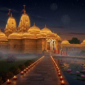 A serene night scene of the majestic Mata Mansa Devi temple complex illuminated with warm golden lights, its North Indian architectural style with intricate carved domes and spires reaching towards a mystical starlit sky. In the foreground, a beautifully detailed stone pathway lined with lit brass diyas leads to the temple entrance. The temple is surrounded by lush gardens with blooming lotus flowers in a nearby pond, reflecting the temple lights. A soft, ethereal mist hovers above the ground, creating a mystical atmosphere. The main shrine features an ornate golden doorway with traditional Rajasthani-style carvings. Floating mandalas and subtle sacred geometric patterns appear in the air, glowing with divine energy. The scene is rendered in a style blending traditional Madhubani art with modern digital aesthetics, using rich colors of deep maroon, saffron, and peacock blue. Several devotees in traditional Indian attire are shown walking towards the temple, their silhouettes creating a sense of scale and movement. The entire composition is bathed in a combination of moonlight and warm temple illumination, creating a dramatic and spiritual ambiance.