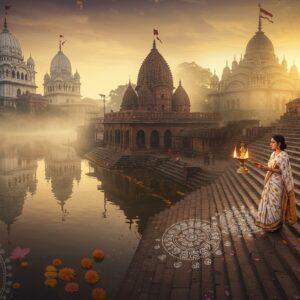 A majestic aerial view of West Bengal's spiritual landscape at golden hour, featuring the iconic white-domed Dakshineswar Kali Temple reflecting in the serene Hooghly River. In the foreground, a modern Indian female pilgrim in a contemporary white and gold cotton saree stands on ancient stone steps, holding a traditional brass lamp with glowing flames. The scene transitions into a dreamy collage showing the terracotta temples of Bishnupur with intricate carvings, and the peaceful Belur Math with its distinctive architecture merging Hindu, Islamic, and Christian elements. Soft rays of sunlight filter through morning mist, creating ethereal halos around the structures. Delicate Alpana patterns in white flow across the steps, while floating marigold flowers and lotus petals drift on the water. The color palette combines deep burgundy, saffron, and peacock blue with modern metallic gold accents. The art style merges traditional Pattachitra techniques with contemporary digital art, featuring intricate details and patterns in the architecture. Swirling mandalas and sacred geometry patterns appear subtly in the misty background, while vibrant Bengali folk art motifs frame the edges of the scene.