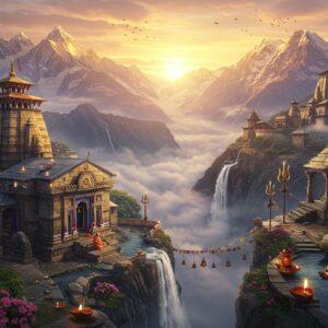 A majestic aerial view of the Himalayas at sunrise, with golden rays illuminating snow-capped peaks in soft pastels of pink and orange. In the foreground, an ancient stone temple with intricate Nagara architecture stands on a cliff edge, its spires reaching towards the sky. The temple is adorned with detailed Sanskrit carvings and traditional bells. A peaceful waterfall cascades nearby, creating a mystical mist. Traditional oil lamps (diyas) float in the foreground water body, creating golden reflections. Sacred Himalayan flowers like Brahma Kamal bloom along the temple paths. A sadhu in saffron robes meditates on a rock, surrounded by a subtle golden aura. Ethereal clouds weave between mountain peaks, with several ancient temples visible in the distance. The scene combines hyperrealistic digital art with traditional Pahari miniature painting style. Warm golden light bathes the entire scene, creating a divine atmosphere. Small prayer flags flutter in the mountain breeze, adding spots of color. The composition includes sacred elements like tridents (trishul), bells, and lotus motifs integrated naturally into the landscape.