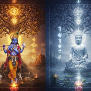 A stunning split-screen composition featuring two interconnected scenes divided by an ornate golden Tree of Life. On the left, Lord Krishna in deep blue hue seated in lotus position under a sacred banyan tree, surrounded by swirling Vedic symbols and floating Sanskrit mantras in golden light. His four hands hold the flute, lotus, conch shell, and chakra. On the right, Buddha in meditation under the Bodhi tree, emanating serene white-blue aura, with the Dharma wheel floating above. The scenes merge through intertwining lotus flowers and light streams, with mandalas floating in the background. The art style combines traditional Madhubani patterns in the borders with modern digital art techniques, using rich colors like deep indigo, saffron, gold, and ethereal pastels. Floating lotus petals and sacred geometry patterns connect both sides. The lighting is dreamy and spiritual, with soft glowing orbs and light rays. The background features ancient Indian architectural elements like temple spires and stupas in misty distance. Hyperdetailed, photorealistic, cinematic lighting, octane render.