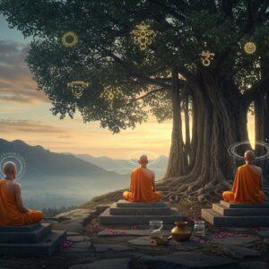 A serene mountain monastery setting at dawn with three ascetic Indian sages in minimal ochre robes seated in deep meditation postures on stone platforms. Behind them, a massive ancient banyan tree with ethereal golden light filtering through its leaves creates a natural mandala pattern. The scene incorporates traditional Madhubani art patterns in the sky, showing stylized clouds and celestial bodies in deep indigo and gold. Multiple translucent rings of energy in soft pastel blues and whites emanate from the meditating figures. The foreground features symbolic elements of renunciation - a wooden staff, a water pot, and scattered lotus petals. Floating above are delicate geometric patterns representing different paths to liberation, rendered in glowing gold lines. The overall composition has a mystical quality with a sophisticated color palette of earth tones, deep blues, and touches of luminescent gold. Digital art style with high detail and atmospheric lighting, maintaining both traditional Indian art elements and contemporary aesthetic sensibilities. The scene should convey both austerity and spiritual enlightenment.