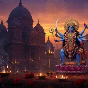 "A majestic temple dedicated to Goddess Kali emerges at dawn, its ornate spires silhouetted against a mystical purple-orange sky. The temple architecture follows traditional Bengali style with detailed carved walls and curved roofs. In the foreground, Goddess Kali stands in her divine form - blue-skinned, wearing a garland of skulls, her tongue extended, four arms holding a sword, severed head, abhaya mudra, and var mudra. She stands on a lotus platform with intricate Madhubani patterns. Surrounding the temple are blooming red hibiscus flowers, her favorite offering. The scene is illuminated by dozens of floating brass oil lamps creating a golden ethereal glow. Subtle smoke from incense creates a dreamy atmosphere. The color palette focuses on deep blues, burgundy, gold, and black with accents of red. The art style combines hyperrealistic digital rendering with traditional Pattachitra patterns in the details. Multiple golden mandalas float in the background, adding a supernatural element. The overall composition creates a powerful blend of devotion, mystery, and divine energy."