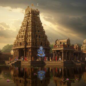 A majestic ancient South Indian temple complex with towering gopurams featuring intricate Dravidian architecture, centered on the main Srikanteshwara (Shiva) temple in golden hour lighting. The temple's main gopuram rises 120 feet high with seven tiers adorned with detailed sculptures of deities, mythological figures, and geometric patterns in traditional gold, terracotta, and white colors. Lord Shiva appears as a divine manifestation in the center, seated in padmasana with four arms, holding a trishul, damaru, and blessing mudras, emanating a soft blue aura. The foreground shows a reflective temple tank with floating lotus flowers, creating perfect symmetry with the temple's reflection. Devotees in traditional South Indian attire circumambulate the temple. The scene is enhanced with ethereal rays of sunlight breaking through monsoon clouds, creating a dramatic atmosphere. Intricate Hoysala-style wall carvings are visible in stunning detail. The composition includes traditional temple elements like stone deepastambhas (lamp posts) and ceremonial flags. Art style combines hyperrealistic architectural details with mystical lighting and surreal elements, rendered in rich, deep colors of gold, saffron, and peacock blue, with Pattachitra-inspired patterns integrated into architectural elements.