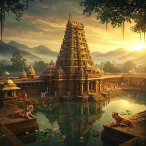 A mystical aerial view of Sringeri temple complex nestled in Western Ghats, with the sacred Tunga river flowing in graceful curves, rendered in rich gold and deep emerald tones. The main Vidyashankara temple stands prominently with its intricate architecture and zodiac pillars detailed in Madhubani style. The scene features morning mist partially shrouding the surrounding mountains, with golden rays of sunrise breaking through. In the foreground, a serene reflection pool mirrors the temple, surrounded by blooming lotus flowers in soft pink and white. Two peaceful tigers, representing Goddess Sharada's vahanas, rest near ornate temple steps. The sky features ethereal patterns of mandalas in subtle peacock blue and saffron. Ancient banyan trees with hanging roots frame the scene, their leaves painted in traditional Pattachitra style. Small groups of devotees in traditional Karnataka attire walking through the temple courtyards. The lighting is warm and divine, with soft golden halos around the temple spires. Photorealistic digital art with elements of traditional Indian art styles, ultra-detailed, cinematic lighting, atmospheric.