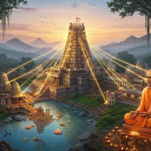 A majestic aerial view of Sringeri Mutt temple complex nestled in Western Ghats, rendered in rich Madhubani-digital fusion style. The main shrine with its distinctive South Indian architecture glows with golden light, surrounded by misty mountains and lush greenery. Multiple golden threads of light emanate from the central temple, spreading across a stylized map of India below, connecting to smaller temples representing its branches. The scene features intricate mandala patterns in deep maroon and peacock blue, with sacred Tungabhadra river flowing in crystalline waters. Sacred banyan trees with hanging roots frame the composition. In the foreground, a larger-than-life statue of Adi Shankaracharya in traditional saffron robes sits in meditation pose, emanating a soft ethereal glow. Traditional Kerala-style oil lamps with floating lotus flowers line the riverbank. The sky features subtle patterns of Vedic mathematical symbols and sacred geometry in gold against a dawn-lit sky with pastel pink and blue hues. Photorealistic details, cinematic lighting, ethereal atmosphere, 8k quality.