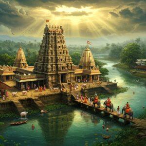 A majestic aerial view of Sringeri Temple complex nestled in Western Ghats, with the sacred Tunga River flowing in gentle curves around it, rendered in rich gold and deep emerald tones. The iconic Vidyashankara Temple stands prominently with its intricate architectural details and zodiac pillars clearly visible. In the foreground, a serene scene shows devotees in traditional attire crossing the ancient stone bridge over the Tunga River where sacred temple elephants are being bathed. The sky features mystical golden light breaking through monsoon clouds, creating divine rays that illuminate the temple spires. The surrounding landscape showcases lush greenery of the Western Ghats with morning mist, traditional Kerala-style guest houses visible among the trees. Sacred cows and peacocks grace the temple courtyard, while banana and coconut trees frame the scene. The art style combines hyperrealistic architectural details with ethereal lighting and traditional Hoysala temple art patterns, creating a photorealistic yet spiritually enchanting atmosphere. The color palette focuses on deep greens, rich golds, warm earth tones, and cool river blues, with intricate mandala patterns subtly woven into the clouds and water reflections.