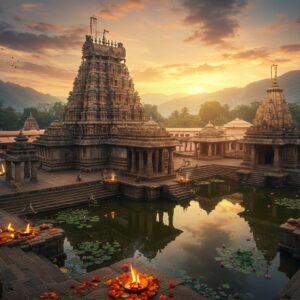 A breathtaking aerial view of Sringeri temple complex nestled in Western Ghats, with misty mountains in background during golden sunset. The main Vidyashankara temple's star-shaped architecture reflects in the sacred Tunga river, creating perfect symmetry. In foreground, intricate stone pillars with zodiac symbols cast long shadows. Ancient stone steps leading to temples adorned with traditional deepa-stambhas (lamp posts) emanating warm golden light. Monkeys playing on temple premises near blooming lotus pond. Scene enhanced with soft ethereal glow, combining Dravidian architecture with mystical atmosphere. Color palette includes deep garnets, burnished gold, forest greens, and river blues. Art style merges hyperrealistic digital photography with traditional Indian temple architecture precision, maintaining sacred geometry and authentic Hoysala-style sculptural details. Floating marigold petals and incense smoke add movement to the scene. Low-hanging evening clouds creating dramatic sky backdrop.