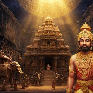 A majestic scene of the Kailasa Temple at Ellora, intricately detailed with Dravidian architectural elements, carved from a single rock, illuminated by golden ethereal light. In the foreground, stands a regal Rashtrakuta ruler in royal attire with gold embellishments, pearl necklaces, and a distinctive crown featuring the dynasty's emblems. Behind him, a detailed backdrop showcases scenes from their military conquests with elephants adorned in battle gear, cavalry with detailed armor, and soldiers wielding traditional weapons. The scene is enhanced with floating mandalas and cosmic patterns in deep indigo and gold. The artistic style combines traditional Chalukyan temple art with modern digital aesthetics, featuring rich colors like deep maroon, royal blue, and burnished gold. Artistic elements include intricate geometric patterns, Sanskrit inscriptions in the temple architecture, and floating lotus motifs. The lighting creates a dramatic atmosphere with rays of light filtering through the temple structure, highlighting the architectural masterpiece. The scene should have photorealistic details with a touch of mystical surrealism, emphasizing the grandeur and cultural achievements of the Rashtrakuta period.