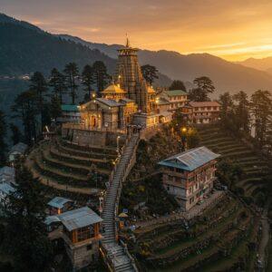 A serene aerial view of the majestic Surkanda Devi temple perched atop a Himalayan peak, glowing with warm golden light during sunset. The temple architecture features traditional Nagara style with intricate carvings and a golden spire. Below the temple, a terraced hillside dotted with modern guest houses and dharamshalas in earth tones (brown, beige, sage green), surrounded by towering deodars and rhododendrons. A winding pathway illuminated with modern solar lamps leads up to the temple, with small groups of pilgrims making their way up. In the foreground, a modern mountain resort with glass windows reflecting the sunset, traditional Garhwali architecture elements, and amenities like a meditation area. The scene combines both traditional and contemporary elements, with mystical fog partially shrouding the lower valley. Art style should blend photorealistic architectural details with ethereal lighting and Pahari miniature painting influences, featuring rich colors like deep maroon, forest green, and gold. The atmosphere conveys both divine spirituality and modern comfort.
