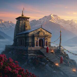 A majestic ancient stone temple perched on a Himalayan mountain peak at sunrise, with snow-capped mountains in the background. The temple architecture features traditional Nagara-style with intricate carvings, steep stairs leading to the entrance, and a golden spire catching the first rays of dawn. Blooming rhododendrons in deep red and pink frame the foreground. A ethereal mist swirls around the base of the temple, creating a mystical atmosphere. Two Indian pilgrims in traditional winter attire (one in maroon shawl, another in deep blue) climbing the ancient stone steps. Prayer flags in saffron and red flutter in the mountain breeze. The scene is illuminated by soft golden morning light with hints of pink and orange in the sky. Small offering diyas create warm glowing points of light near the temple entrance. Art style combines hyperrealistic digital painting with traditional Pahari miniature painting elements, emphasizing both grandeur and spiritual significance. The color palette focuses on deep blues, misty grays, golden yellows, and earthy stone textures.
