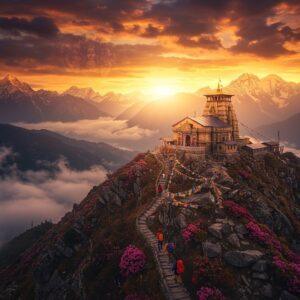 A majestic aerial view of Surkanda Devi temple perched atop a Himalayan peak at sunset, with snow-capped mountains in the background. The temple glows with warm golden light, surrounded by a mystical aura. In the foreground, a winding mountain trail decorated with colorful prayer flags leads up to the temple. Traditional Indian trekkers in modern hiking gear climb the path, while subtle manifestations of Goddess Durga's divine energy appear as translucent, ethereal forms in the sky. The scene features a blend of Madhubani art patterns in the clouds and rock formations. Rich colors of deep saffron, burgundy, and peacock blue dominate the composition, with rays of golden light breaking through clouds. Mist swirls around the temple create a dreamlike atmosphere, while blooming rhododendrons dot the mountainside. The lighting is dramatic with golden hour warmth, creating long shadows and a sense of divine presence. The style combines photorealistic landscape photography with traditional Indian art elements, rendered in high-quality digital art format.