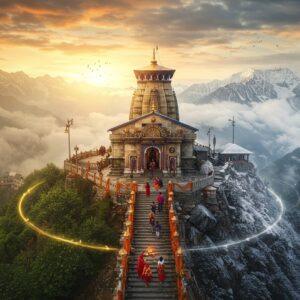 A majestic aerial view of the Surkanda Devi temple perched atop a Himalayan peak at 10,000 feet, with snow-capped mountains in the background. The temple architecture features traditional Nagara style with intricate wooden carvings and a golden spire. The scene is bathed in warm sunrise colors with dramatic clouds swirling around the peak. In the foreground, stone steps decorated with marigold flowers and prayer flags lead up to the temple. Small groups of pilgrims in colorful winter clothing are seen climbing the steps. The landscape shows seasonal variation with one half showing lush green summer foliage and the other half covered in pristine snow, divided by a ethereal glowing line. Sacred bells and traditional oil lamps create a mystical atmosphere. The art style combines hyperrealistic digital painting with traditional Indian Pahari miniature art elements. The lighting emphasizes golden hour warmth with soft glowing halos around the temple spire. Transparent divine energy streams emanate from the temple dome.
