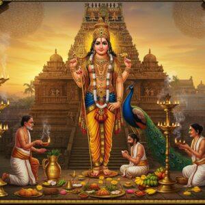 A majestic Lord Murugan standing atop the sacred Swamimalai temple steps, rendered in rich digital art style with traditional Tanjore painting influences. The deity holds his vel (divine spear) in his right hand, peacock feather crown adorning his head, wearing vibrant silk vestments in royal blue and gold. His divine peacock mount stands regally beside him. The temple's distinctive gopuram rises behind him with intricate architectural details, illuminated by a warm golden sunrise. In the foreground, devotees perform pujas with brass lamps, offering yellow flowers and fresh fruits. Floating brass diyas create a mystical atmosphere with their gentle glow. The scene includes traditional temple elements like banana leaves, coconuts, and camphor flames. The color palette focuses on deep golds, peacock blues, and sunrise oranges. Mandala patterns and lotus motifs frame the scene, while ethereal smoke from incense creates a spiritual atmosphere. The art style merges hyperrealistic digital rendering with traditional South Indian temple art aesthetics, maintaining cultural authenticity while appearing modern and sophisticated.