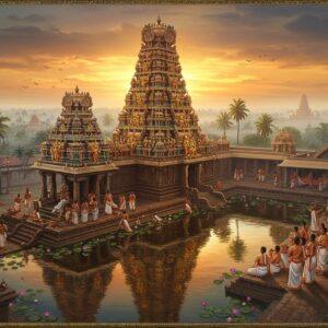 A majestic aerial view of Swamimalai Temple during sunrise, with golden sun rays illuminating its ornate 60-foot gopuram decorated with intricate Chola architecture. Lord Murugan as Swaminatha stands prominently in his teaching pose, with six hands - holding vel (spear), explaining supreme Pranava mantra to Lord Shiva. The temple tank reflects the entire scene like a mirror, with lotus flowers floating on its surface. In the foreground, a group of devotees in traditional Tamil attire perform their morning rituals. The scene is surrounded by lush palm trees and traditional Tamil houses with tiled roofs. Soft morning mist adds mystical atmosphere. Art style combines traditional Tanjore painting elements with modern digital art techniques, using rich colors like deep maroon, gold, and peacock blue. Ethereal lighting creates a spiritual ambiance with glowing halos and subtle light beams. The composition includes detailed Dravidian architectural motifs, peacocks, and decorative mandalas in the borders. Hyperrealistic textures blend with surreal elements, creating a dreamlike quality.
