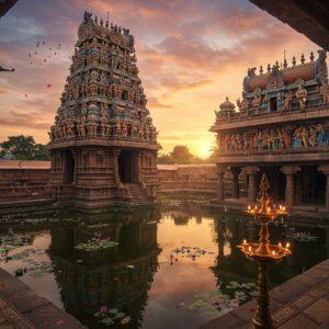 A majestic aerial view of Swamimalai Temple's seven-tiered gopuram with intricate Dravidian architecture, detailed in gold and deep terracotta colors, rising against a mystical dawn sky with soft pink and orange hues. The temple structure reflects in a serene pond dotted with blooming lotus flowers. Detailed stone-carved figures of celestial dancers and mythological scenes adorn the walls, featuring traditional South Indian craftsmanship. Lord Murugan's sanctum glows with a divine golden aura, while brass temple lamps cast intricate shadows. The foreground shows elaborate mandala patterns in Kerala mural style, incorporating peacock feathers and vel (spear) motifs. Ethereal light beams pierce through the temple's corridors, illuminating the ancient granite pillars with their sculpted details. The scene combines photorealistic architectural details with a dreamy, spiritual atmosphere, enhanced by floating flower petals and subtle wisps of sacred incense smoke. The color palette focuses on deep maroons, burnt orange, gold, and peacock blue, with hints of emerald green in the surrounding vegetation.