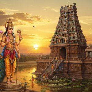 A majestic aerial view of Swamimalai Temple during sunset, with its distinctive 60-foot-tall gopuram rising against a warm golden sky. The temple architecture features intricate Dravidian details rendered in Madhubani-inspired patterns. Lord Muruga stands prominently in the foreground as a young sage teaching his father Lord Shiva the meaning of Pranava mantra, depicted with six arms, holding vel (spear), adorned with peacock feathers, and wearing traditional gold ornaments. The scene is surrounded by ethereal mystical elements - floating lotus flowers, spiral mandalas, and subtle Tamil scriptures etched in golden light. The temple pond reflects the entire scene with a magical glow. The color palette combines deep maroons, peacock blues, and saffron with modern gradient lighting effects. The surrounding landscape shows devotees climbing the sacred 60 steps, each step painted with intricate Pattachitra-style storytelling elements. Soft divine rays pierce through clouds, creating a surreal atmosphere. The overall composition seamlessly blends traditional South Indian temple architecture with contemporary digital art techniques, maintaining historical accuracy while appearing visually stunning.
