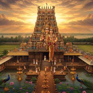 A majestic aerial view of Swamimalai Temple complex at sunset, with its towering 60-foot gopuram decorated with intricate Dravidian architecture and gold-leafed details glowing in warm light. Lord Murugan as Swaminatha stands prominently in the center, six-faced, holding his vel (spear) in his right hand, teaching Lord Shiva the meaning of Om. The temple is surrounded by lush coconut groves and emerald paddy fields, with the Cauvery River flowing serenely in the background. Mystical golden light rays pierce through clouds, creating a divine atmosphere. Sacred peacocks dance in the foreground amidst blooming lotus ponds. The scene incorporates traditional Tanjore art style elements with modern digital aesthetics, featuring rich maroon, saffron, and deep blue colors. Floating diyas and flower petals create a magical pathway leading to the temple steps. Small groups of devotees in traditional Tamil attire are seen performing pradakshina around the temple. The entire composition is framed by ornate mandala patterns and subtle sacred geometry, with a ethereal glow emphasizing the spiritual significance of the sacred site.