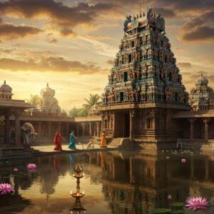 A majestic aerial view of a grand Dravidian temple complex at golden hour, featuring towering gopurams adorned with intricate, colorful sculptures of deities. The main gopuram rises 7 tiers high with detailed carvings in traditional South Indian style, illuminated by warm sunlight. In the foreground, a serene temple tank reflects the entire scene like a mirror, with floating lotus flowers in pink and white. Two Indian women in traditional silk sarees (one in peacock blue, one in deep maroon) perform pradakshina (circumambulation) around the temple, their silhouettes casting long shadows. Ornate stone mandapams with intricately carved pillars line the pathway. Small oil lamps with golden flames create a path of light. The sky features mystical clouds in shades of saffron and purple, with rays of divine light breaking through. Sacred elephants decorated with traditional temple ornaments stand majestically near the entrance. Subtle hints of incense smoke curl through the air, creating an ethereal atmosphere. The scene combines photorealistic architectural details with Madhubani-inspired decorative elements in a modern digital art style, emphasizing both grandeur and spirituality.