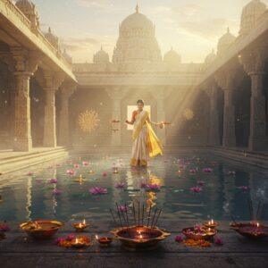 A serene Indian temple courtyard at dawn, bathed in ethereal golden light with rays filtering through ornate pillars. A young Indian woman in a pristine white and gold silk saree performs pradakshina around a crystal-clear sacred pool reflecting morning sky. The pool contains floating lotus flowers and diyas. The temple architecture combines traditional South Indian gopuram elements with intricate Madhubani-style patterns on the walls. Soft mist surrounds the scene, with delicate mandalas floating in the air like celestial symbols. The foreground features brass bells, fresh flower garlands, and burning incense creating wisps of smoke that form subtle divine patterns. The color palette focuses on morning pastels - soft blues, pale pinks, and warm golds. The temple's reflection in the water creates a perfect symmetry, suggesting harmony between earth and heaven. Hyperrealistic digital art style with magical realism elements, emphasized by particle effects and subtle glows around sacred elements. The lighting emphasizes the spiritual atmosphere with god rays and soft ambient illumination.