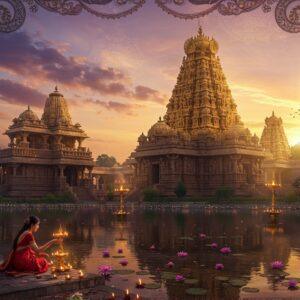 A magnificent ancient Indian temple complex at sunset, with soaring golden-hued gopurams adorned with intricate Dravidian sculptures. The temple's reflection shimmers in a serene lotus pond in the foreground. Multiple levels of the temple feature detailed carved reliefs depicting scenes from Hindu mythology. Warm light filters through ornate stone pillars, creating dramatic shadows. Traditional oil lamps cast a mystical glow, with their flames reflecting in the water. In the foreground, a young Indian woman in a crimson silk saree performs aarti with a brass lamp, her silhouette graceful against the temple backdrop. Floating lotus flowers and diyas dot the pond's surface. The sky features surreal pastel purples and oranges with ethereal clouds forming mandala patterns. Intricate Madhubani-style borders frame the scene, incorporating peacocks, elephants, and sacred geometric patterns. The lighting is magical and otherworldly, with golden rays piercing through the temple's archways. The architectural details blend both North and South Indian temple styles, with both Nagara and Dravidian elements visible. Digital art style with photorealistic textures, cinematic lighting, and dreamy atmosphere. 8K resolution, highly detailed, architecturally accurate.