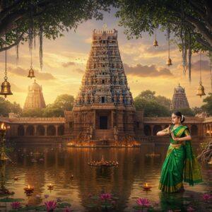 A grand panoramic vista of Chennai's Kapaleeshwarar Temple at golden hour, with its magnificent 120-foot gopuram rising majestically against a dreamy sunset sky filled with soft pastel oranges and purples. The ornate architecture features intricate Dravidian details rendered in rich peacock blue, saffron, and gold. In the foreground, a young Indian woman in a traditional silk saree (emerald green and gold) performs bharatanatyam mudras near a serene temple tank reflecting golden light. Floating lotus flowers and oil lamps dot the water's surface, creating ethereal reflections. The scene is framed by ancient banyan trees with hanging roots, their branches adorned with traditional brass temple bells. Multiple layers of spiritual symbols including mandalas, peacocks, and elephants are subtly woven into the composition using Madhubani art style. The lighting is mystical with divine rays filtering through clouds, illuminating the temple spires. The overall atmosphere combines historical grandeur with spiritual tranquility, rendered in a style merging traditional Indian art with contemporary digital aesthetics. Photorealistic details with cinematic color grading.