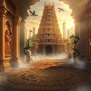 A majestic architectural dreamscape featuring a seamless blend of ancient and modern Indian architecture, with a grand Dravidian temple tower (gopuram) adorned with intricate sculptural details transitioning into sleek contemporary glass and steel structures. The foreground showcases a meticulously detailed mandala pattern in gold and deep maroon inlaid in marble, similar to Mughal pietra dura work. On the left, ethereal figures of classical Indian dancers in traditional poses are carved into sandstone walls, while the right features modern abstract sculptures in burnished bronze. Floating lotus flowers and geometric Islamic patterns in peacock blue and gold connect the elements. The scene is bathed in a warm, mystical light with rays filtering through ornate jaali patterns, creating dappled shadows. Delicate Madhubani-style birds and flowers frame the composition. The color palette includes deep saffron, royal blue, burnished gold, and earth tones. Ethereal mist swirls around the base, blending traditional and contemporary elements in a surreal, harmonious vision. The art style combines hyperrealistic architectural details with ethereal, dreamlike lighting and traditional Indian art motifs.