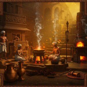 A majestic Indian bronze age scene featuring intricate Madhubani-style borders, showing skilled artisans working with molten bronze in traditional dhoti attire. In the foreground, beautifully detailed bronze artifacts including dancing girl statues, ornate vessels, and weapons gleam with a warm metallic finish. The background reveals ancient Indian architecture with stepped wells and geometric patterns. The scene is illuminated by ethereal golden light, creating dramatic highlights on the bronze items. Swirling patterns of smoke rise from the metalworking area, forming subtle mandala patterns in the air. The color palette features deep coppers, rich browns, burnished golds, and peacock blues. The composition includes detailed period-accurate tools and furnaces based on archaeological findings from Harappa and Mohenjo-daro. Small vignettes in the corners show farming scenes and trading activities. The overall style merges hyperrealistic metallic textures with traditional Indian art elements, creating a surreal, mystical atmosphere while maintaining historical accuracy. 8k resolution, cinematic lighting, detailed texturing.