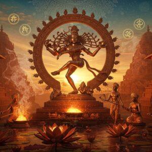 An intricate scene depicting ancient Indian Bronze Age civilization merging with Hindu symbolism, featuring a majestic bronze Shiva Nataraja dancing in the center, emanating divine energy waves in metallic copper and gold hues. Traditional bronze craftsmen in dhoti working with molten metal in the foreground, creating sacred objects. The background shows a gradient transition from earthen terracotta to celestial blue, decorated with Indus Valley style seals and symbols floating ethereally. Sacred geometry patterns and mandalas in bronze and gold interweave throughout. Ancient temple architecture with bronze details rises on either side. Mystical smoke in copper tones swirls around, carrying Sanskrit symbols. The lighting creates a warm, metallic glow emphasizing the bronze elements. The scene combines Madhubani-style decorative patterns with modern digital art techniques, rendered in deep maroons, burnt orange, and peacock blue. Lotus flowers made of hammered bronze emerge from a sacred pond below, while cosmic spirals in gold leaf texture the sky above. Highly detailed, cinematic composition with depth of field, photorealistic textures on the metal surfaces.