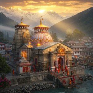 A majestic aerial view of Badrinath Temple nestled in snow-capped Himalayas during sunrise, with golden rays illuminating its distinctive colorful dome and white facades. The temple architecture is detailed with intricate North Indian temple style features. Lord Vishnu's black shaligram statue is visible through the temple entrance, seated in padmasana pose with four arms holding shankha, chakra, gada, and lotus. Sacred Alaknanda River flows in front with crystal clear waters. Multiple devotees in traditional attire climbing the temple steps. Surrounding landscape shows blooming Brahma Kamals and other alpine flowers. Mystical atmosphere created with soft morning mist, prayer flags fluttering, and ethereal light breaking through clouds. Art style combines hyperrealistic digital painting with traditional Pahari miniature art elements. Rich colors of deep reds, saffron, gold and pure whites dominate. Scene captured with dramatic perspective showing both grandeur and spirituality. Floating golden mandalas and subtle sacred geometry patterns in the sky add divine ethereal quality.