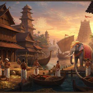 A majestic ancient Indian port city at sunset, featuring ornate Chera-style wooden architecture with sloped roofs and intricate carvings. In the foreground, merchants in traditional Malayalam attire handle precious cargo - roman gold coins, black pepper sacks, and ivory tusks. Large wooden ships with distinctive fan-shaped sails dock at the bustling harbor. Spice merchants weigh cardamom and cinnamon on golden scales. Temple towers decorated with peacocks rise in the background. Royal guards in traditional armor stand near a grand ceremonial elephant adorned with gold ornaments and silk drapes bearing the Chera bow emblem. The scene is rendered in rich colors - deep marine blues, royal purples, and burnished gold, with intricate Malayali patterns border the scene. The lighting creates a warm, golden atmosphere with light streaming through spice-laden air. The art style combines traditional Kerala mural art techniques with modern digital fantasy aesthetics, creating a hyperrealistic yet mystical atmosphere. Ethereal glowing mandala patterns subtly float in the background sky.