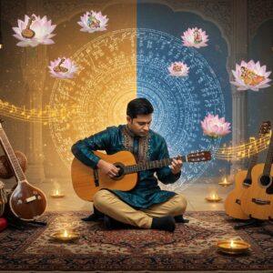 A serene indoor scene featuring an elegant Indian musician in a contemporary silk kurta seated cross-legged on an ornate Madhubani-patterned rug, masterfully playing a classical guitar. The guitar's wooden body seamlessly transitions into traditional Indian musical instruments like sitar and veena through intricate golden filigree patterns. Behind the musician, a large circular mandala glows softly, half filled with Western musical notes and half with Indian classical notations in deep peacock blue and saffron. Floating ethereal lotus flowers in pastel pink and blue surround the scene, each petal containing miniature Pattachitra-style paintings of musical instruments. The lighting is warm and mystical, with soft golden rays filtering through ornate Indian architectural arches in the background. Traditional tabla drums and a modern guitar stand rest on either side, connected by flowing ribbons of musical notes in metallic gold. The overall composition blends photorealistic details with surreal Indian art elements, creating a harmonious fusion of Eastern and Western musical traditions.