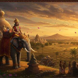 A majestic panoramic view of ancient Deccan plateau during sunset, featuring a grand Satavahana-era city with distinctive Buddhist stupas and traditional architecture in rich earth tones. In the foreground, a noble Satavahana king stands regally adorned in period-accurate royal attire with golden embellishments, pearl necklaces, and a distinctive tall crown. He's mounted on an ornately decorated elephant with intricate caparisons in deep maroon and gold. The scene includes merchant caravans with loaded horses suggesting trade, while craftsmen work on distinctive Amaravati-style sculpture pieces. The background showcases terraced fields, palm trees, and distant mountains in warm ochre and sienna tones. The lighting is dramatic with golden hour glow, creating long shadows and highlighting architectural details. The art style combines traditional Indian Miniature painting techniques with modern digital art, featuring rich textures, intricate patterns, and a sophisticated color palette of deep crimsons, royal blues, and burnished golds. Atmospheric elements include swirling trade route maps in golden lines and floating lotus petals. Hyperrealistic details in the architecture and clothing, with mystical ethereal lighting effects.