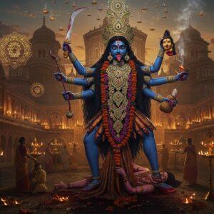 A powerful, majestic portrayal of Goddess Kali standing in the iconic Kalighat Temple courtyard at twilight, her four arms wielding specific weapons - upper right hand holding a bloodstained sword, upper left holding a freshly severed head, lower left hand holding a bowl, and lower right displaying the abhaya mudra. Her skin is deep blue-black, radiating divine energy, wearing a garland of skulls and a skirt of severed arms. Her long, wild black hair flows dramatically, with a golden crescent moon nestled within it. The temple architecture features traditional Bengali style with intricate Madhubani patterns in deep reds and golds. Floating lotus flowers and sacred yantra patterns illuminate the scene with ethereal golden light. The background shows devotees performing aarti with brass lamps, creating a mystical atmosphere with swirling smoke from incense. Multiple golden mandalas float in the air, emitting soft pastel auras. The scene combines hyperrealistic digital art with traditional Pattachitra style, emphasizing both Kali's fierce power and divine motherly grace. The lighting is dramatic with warm golden hues contrasting with deep shadows, highlighting the spiritual ambiance.
