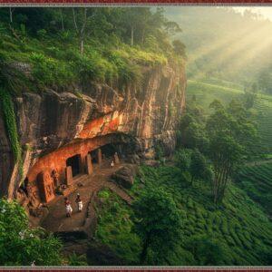A mystical aerial view of Wayanad's lush green mountains shrouded in morning mist, with ancient Edakkal caves prominently featured in the foreground. The cave walls showcase detailed neolithic petroglyphs and cave paintings in earthy red and ochre tones, illuminated by ethereal golden light streaming through natural cave openings. Traditional Malayali tribal figures in authentic attire stand near the cave entrance, their poses suggesting storytelling. The scene is adorned with endemic flora like wild orchids and pepper vines in vibrant greens. Surrounding landscape features terraced tea plantations, bamboo forests, and cascading waterfalls in dreamy, soft focus. The composition incorporates intricate Madhubani-style borders with tribal motifs in deep maroon and forest green. The lighting creates a magical atmosphere with sun rays filtering through morning fog, casting golden highlights on the ancient rock formations. Art style combines photorealistic landscape photography with traditional Indian art elements, emphasizing both natural and historical grandeur. The scene includes subtle spiritual symbols like ancient stone carvings and tribal totems integrated naturally into the cave walls.